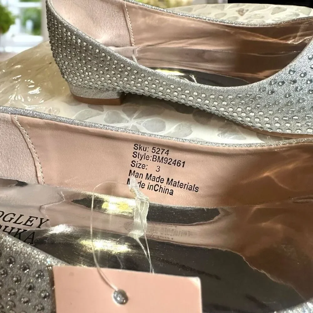 Badgley Mischka Girls Rhinestone Ballet Flats Silver Wedding Flower Girl Shoes S